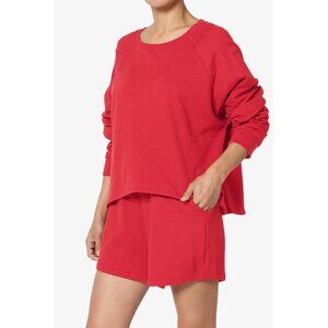 Oversized Cotton Terry Lounge Set – Long Sleeve Top & Drawstring Shorts - Ruby